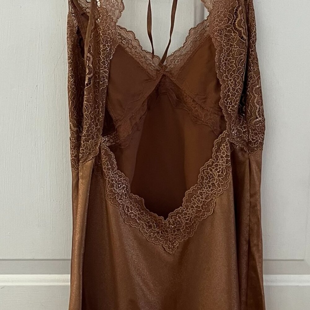 Victoria's Secret Brown Melic Satin Floral Lace Night Gown/Slip Dress Sz Lr - Picture 4 of 7